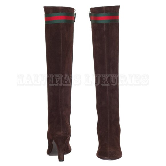 GUCCI BOOTS TALL KNEE HIGH BROWN SUEDE LEATHER WEB STRIPE sz 34.5 / 4.5 - Picture 3 of 4